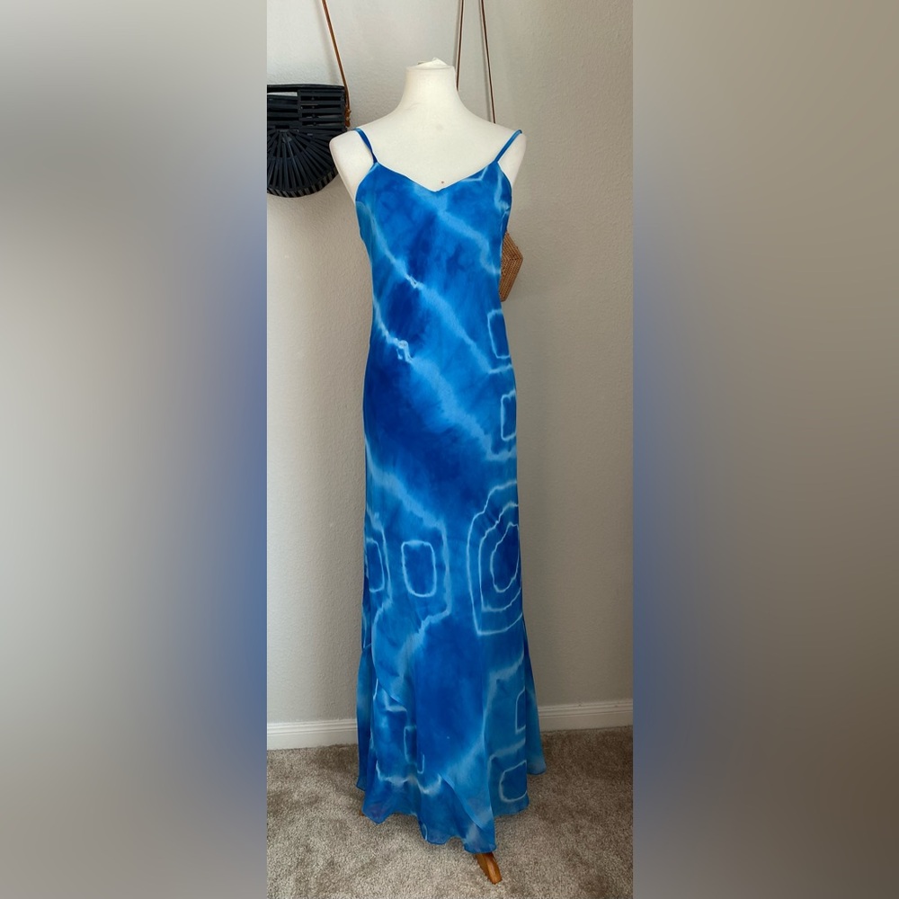 Vintage Jay Jacobs Blue Tie Dye Mesh Spaghetti Strap Maxi Dress, Size Large